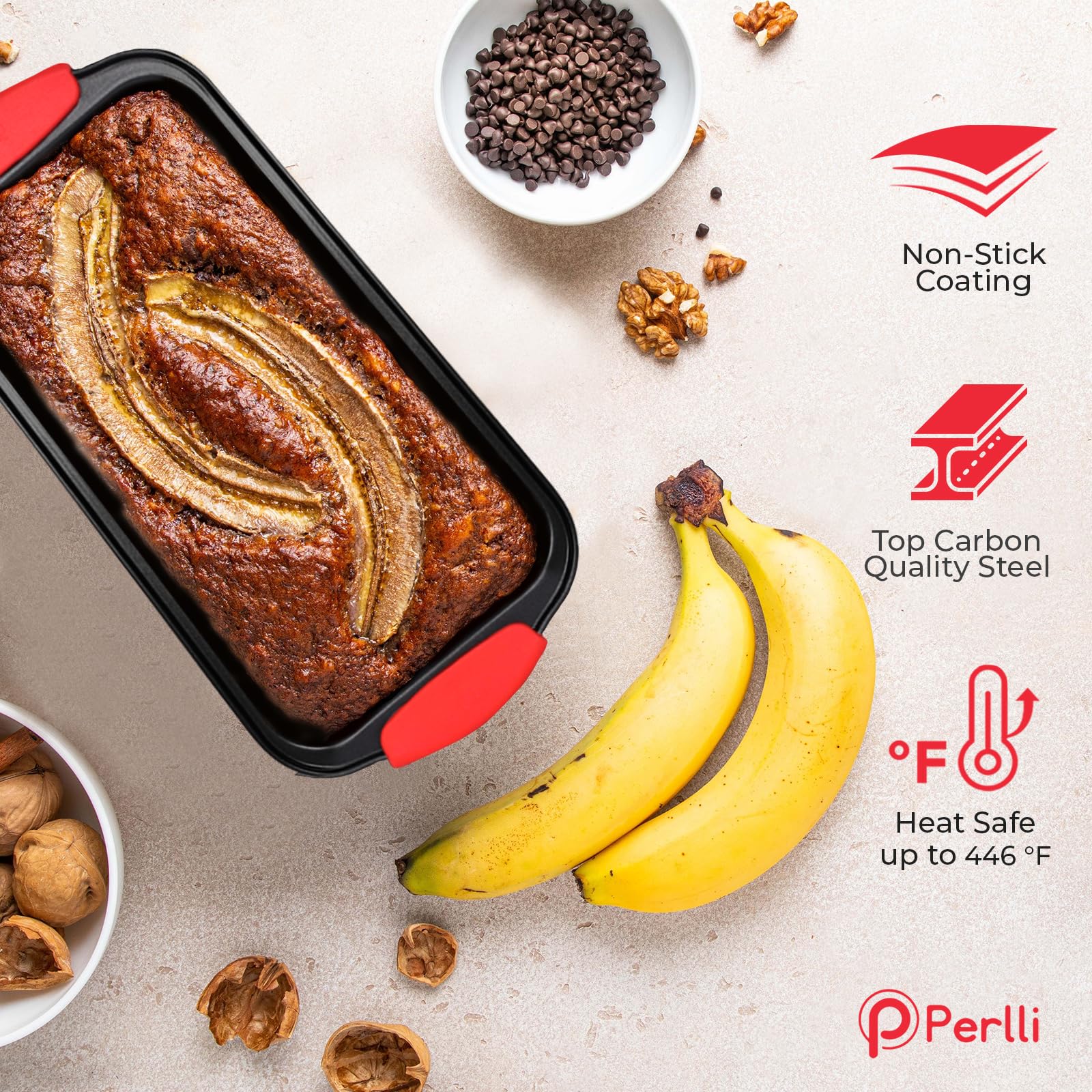 PERLLI loaf pan highlighting even baking and clean release.