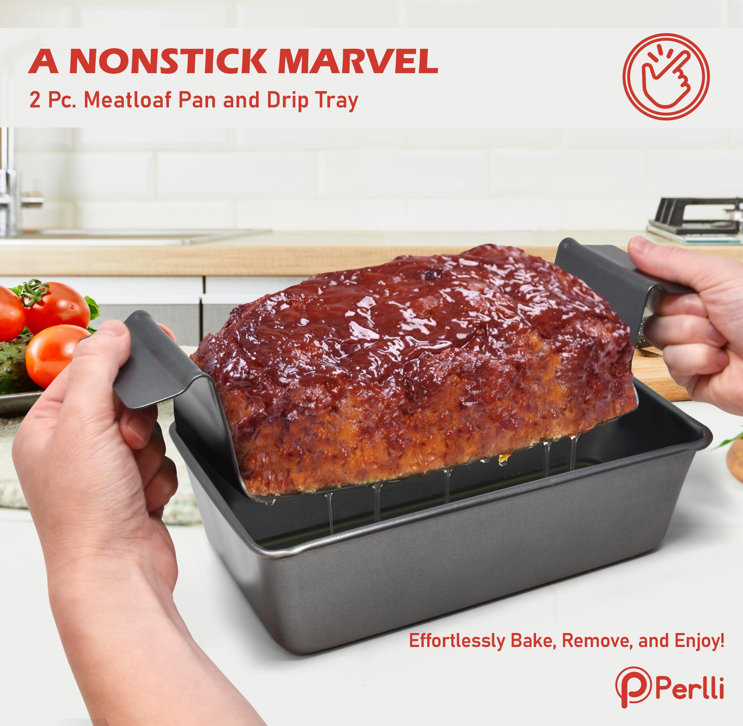 Closeup of PERLLI nonstick coating on meat loaf pan highlighting easy release.