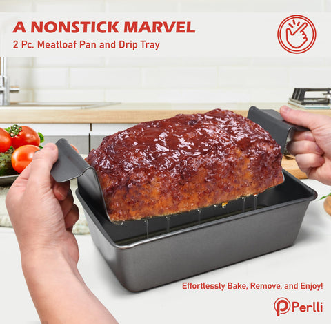 Closeup of PERLLI nonstick coating on meat loaf pan highlighting easy release.