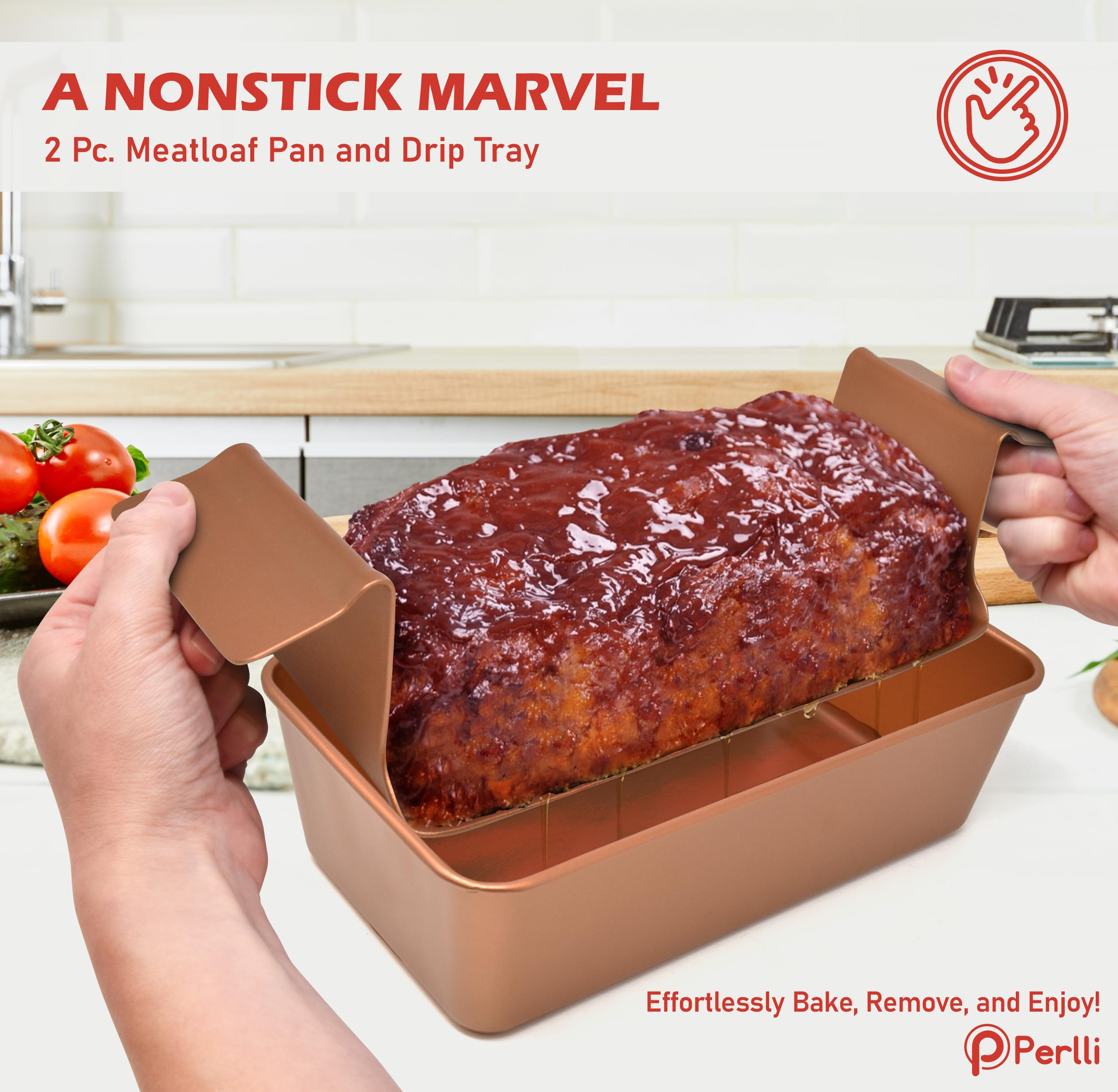PERLLI meat loaf pan with insert helps fat drain for healthier results.