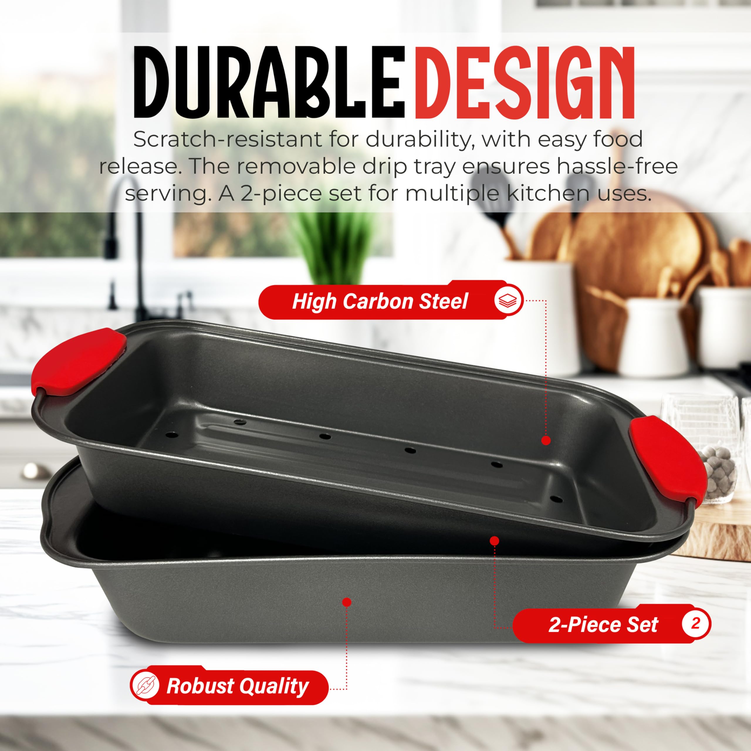 PERLLI meatloaf pan with drip tray insert demonstrates grease drainage.