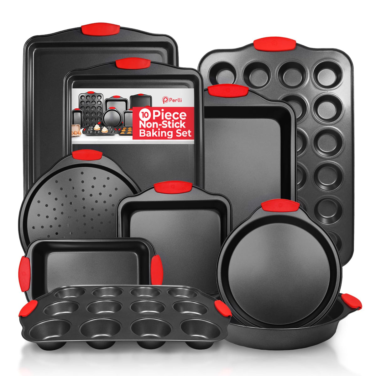 PERLLI non-stick 10-piece bakeware set ready for versatile kitchen use and easy release.