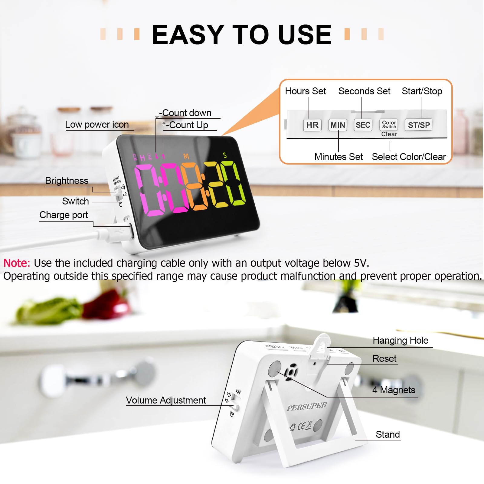 Persuper kitchen timer magnetic stand enables flexible placement.