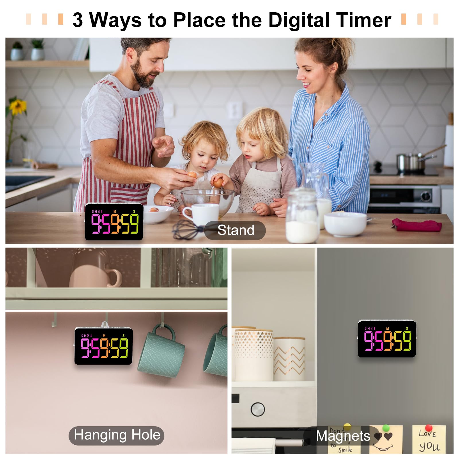 Persuper timer rechargeable via USB-C; no battery replacements.