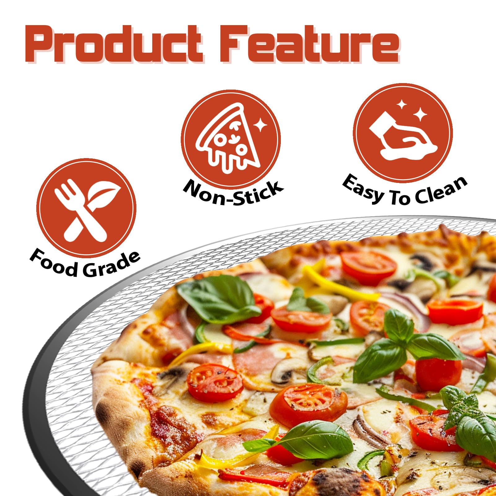Pesilo 12in pizza screen perforated closeup illustrates even heat transfer