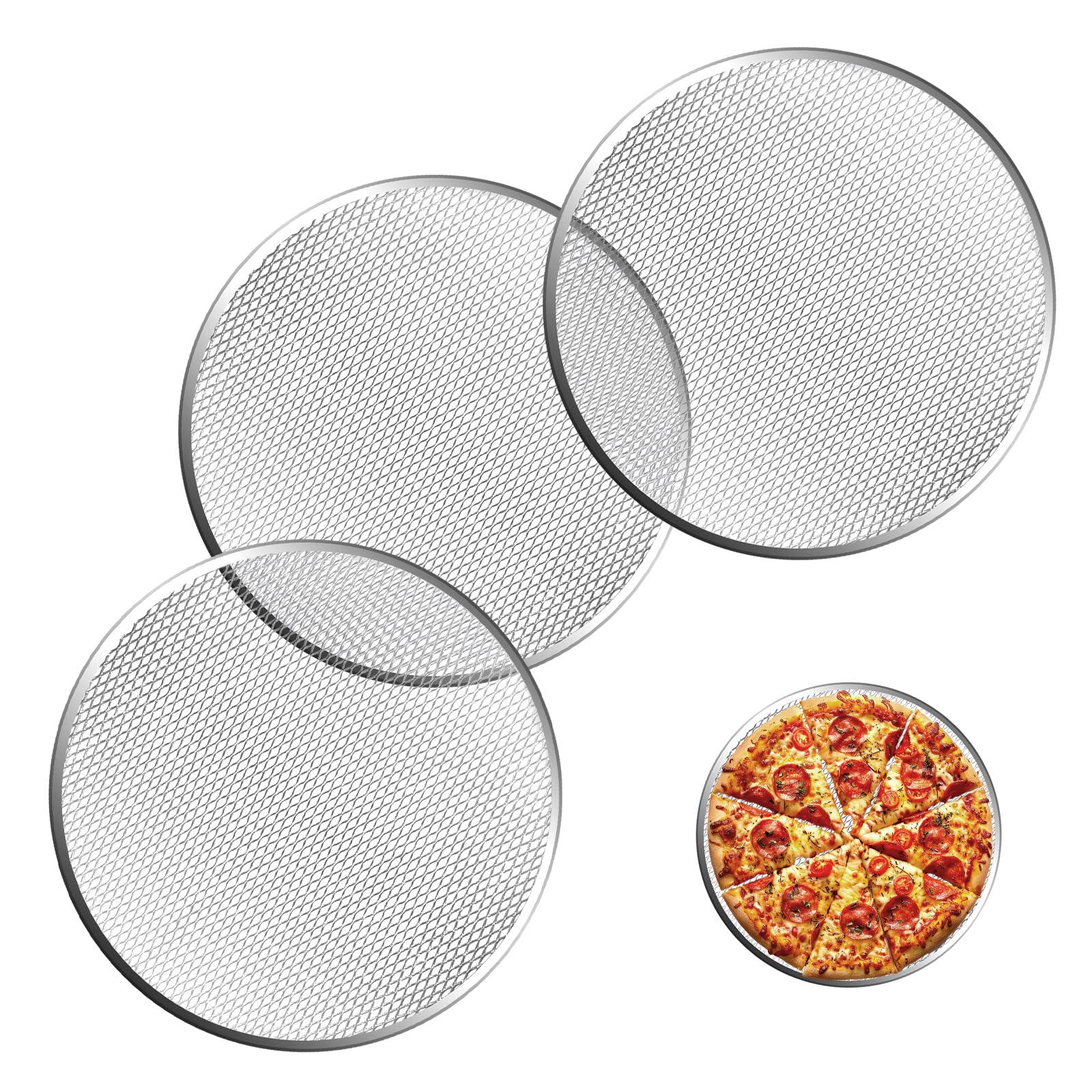 Pesilo 3 Pcs 12 Inch Pizza Screen front view highlights sturdy seamless rim for even baking