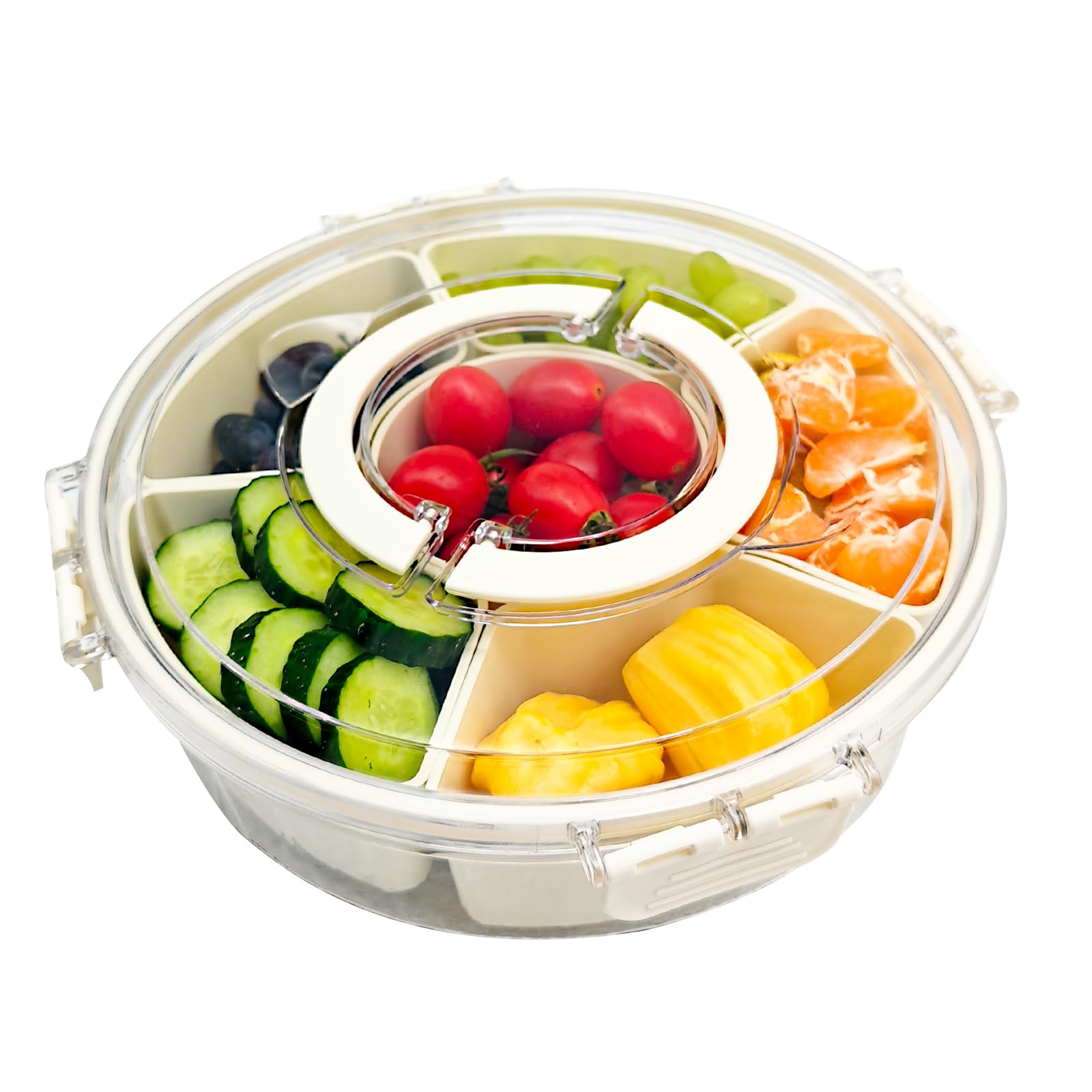 Pesilo rotating divided serving tray with lid — easy access for snacks at gatherings.