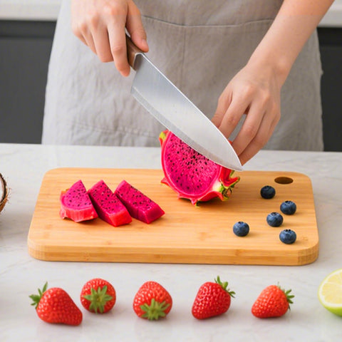 Pesueklns deep juice grooves catch drips during prep and serving.