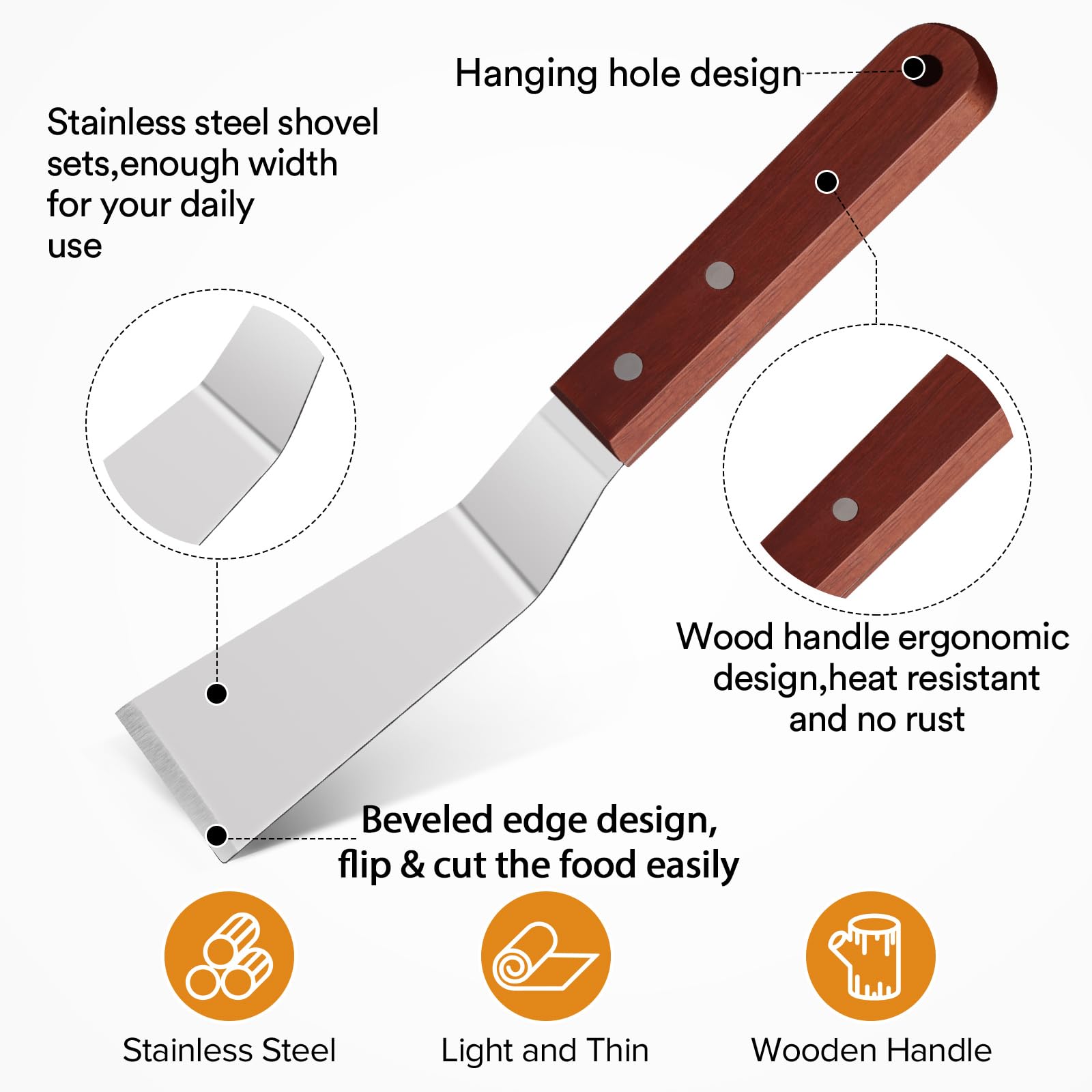 PETHOMKIT bevel-edged spatula shows a thin edge for slipping under food.
