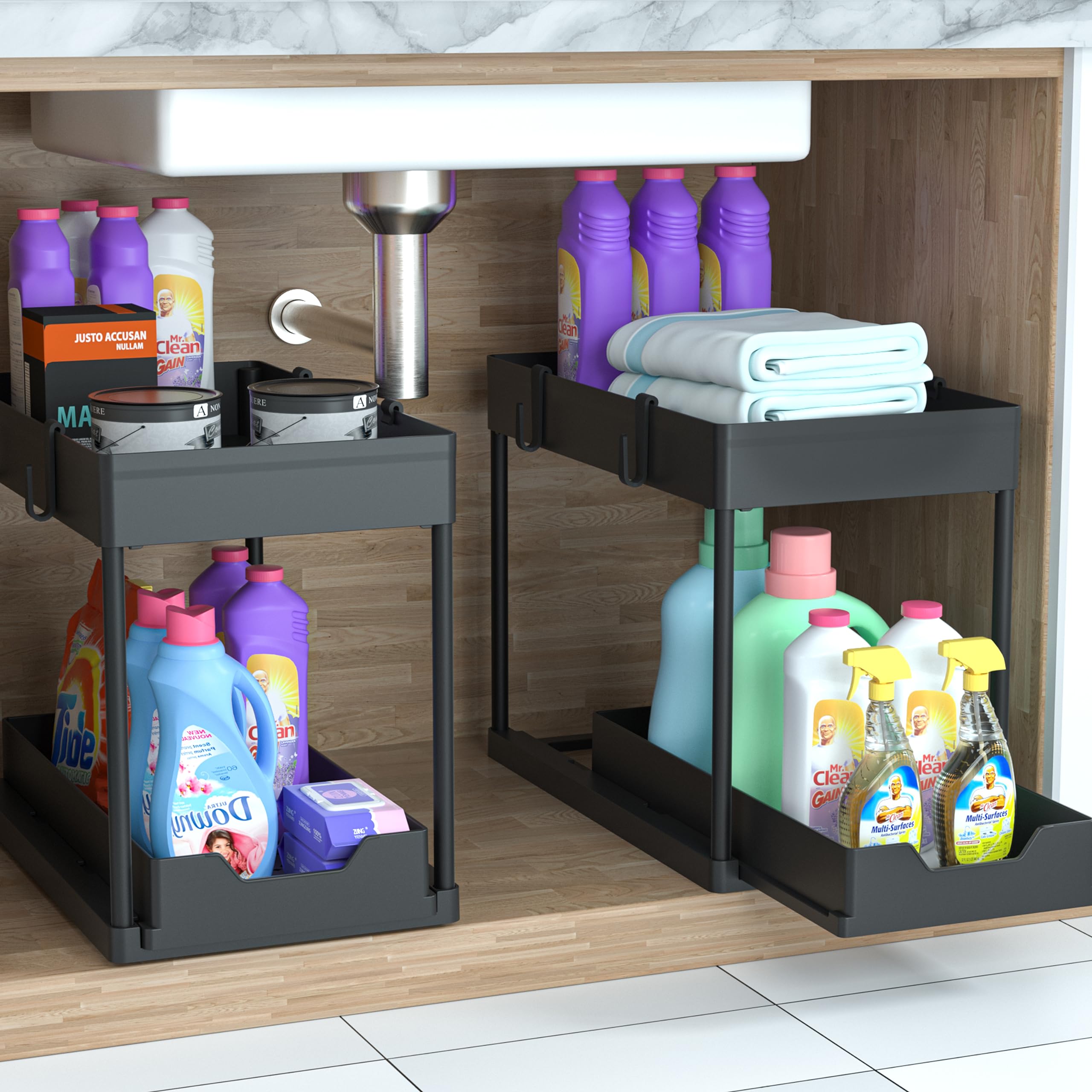 petisal two-tier slide-out under-sink storage maximizes vertical space in kitchens