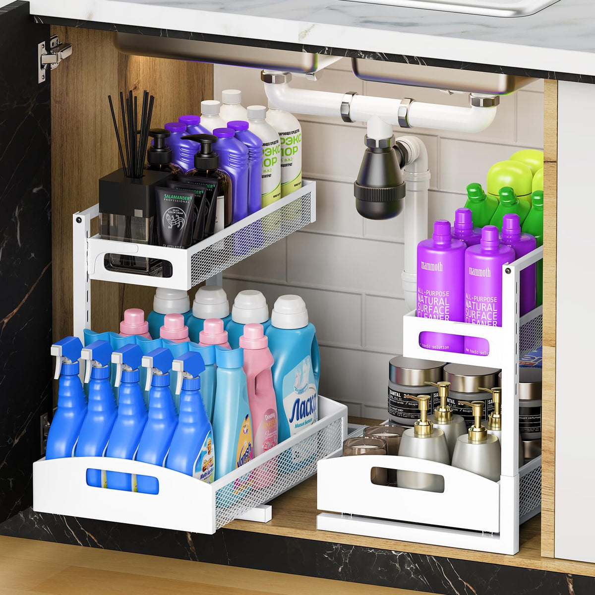 Petiza metal under-sink organizer with silk-smooth pull-out drawer for easy access