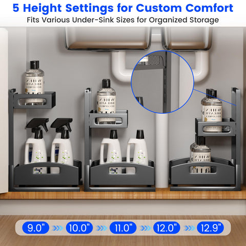 Petiza under sink organizer 2-pack height-adjustment mechanism demonstrated