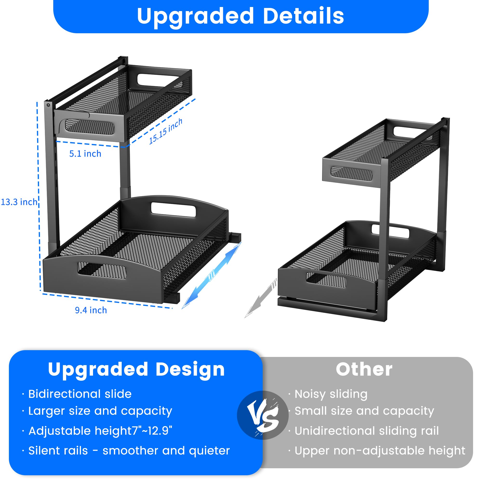 Petiza under sink organizer 2-pack side angle highlighting adjustable height shelves