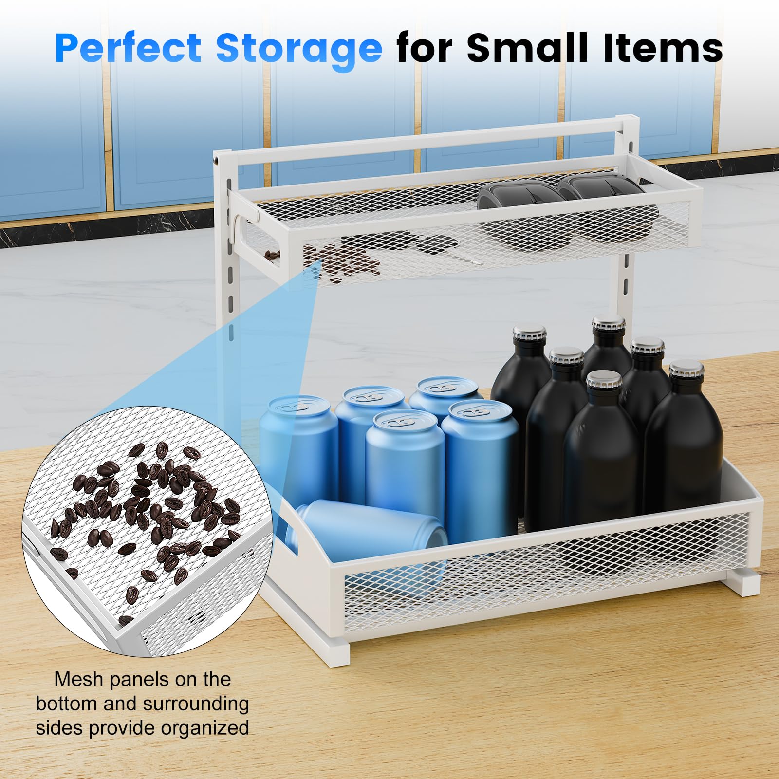 Petiza under-sink organizer with dimensions 14.96 by 9.65
