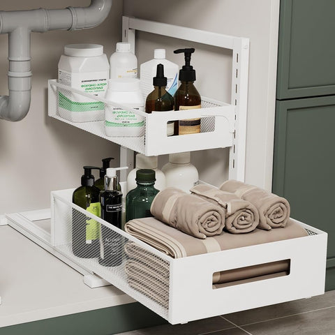 Petiza under sink organizer with pull-out shelf for easy cabinet access.