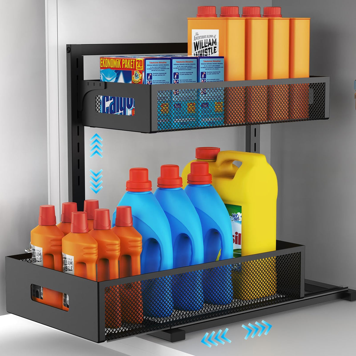 Petiza under-sink organizer with pull-out two-tier for easy cabinet storage.