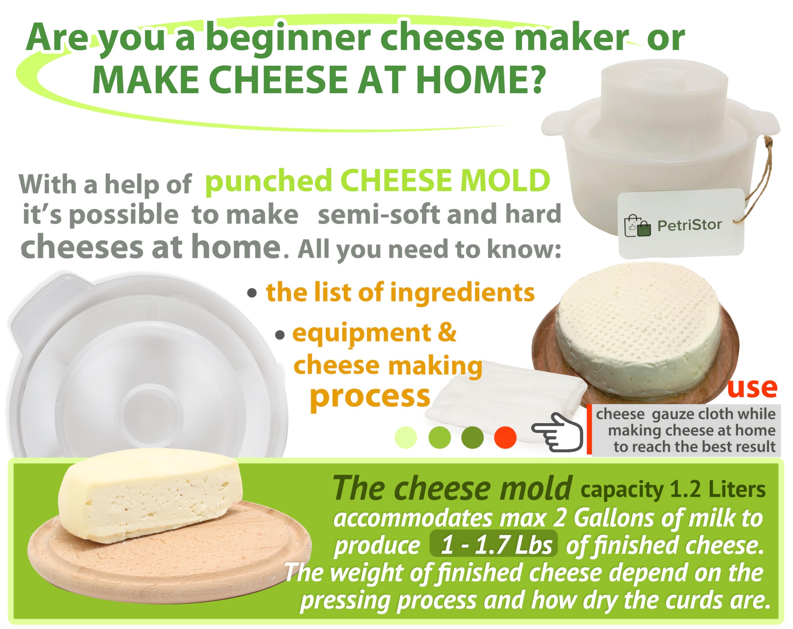 PetriStor cheese mold top view shows compact 1.3 qt size