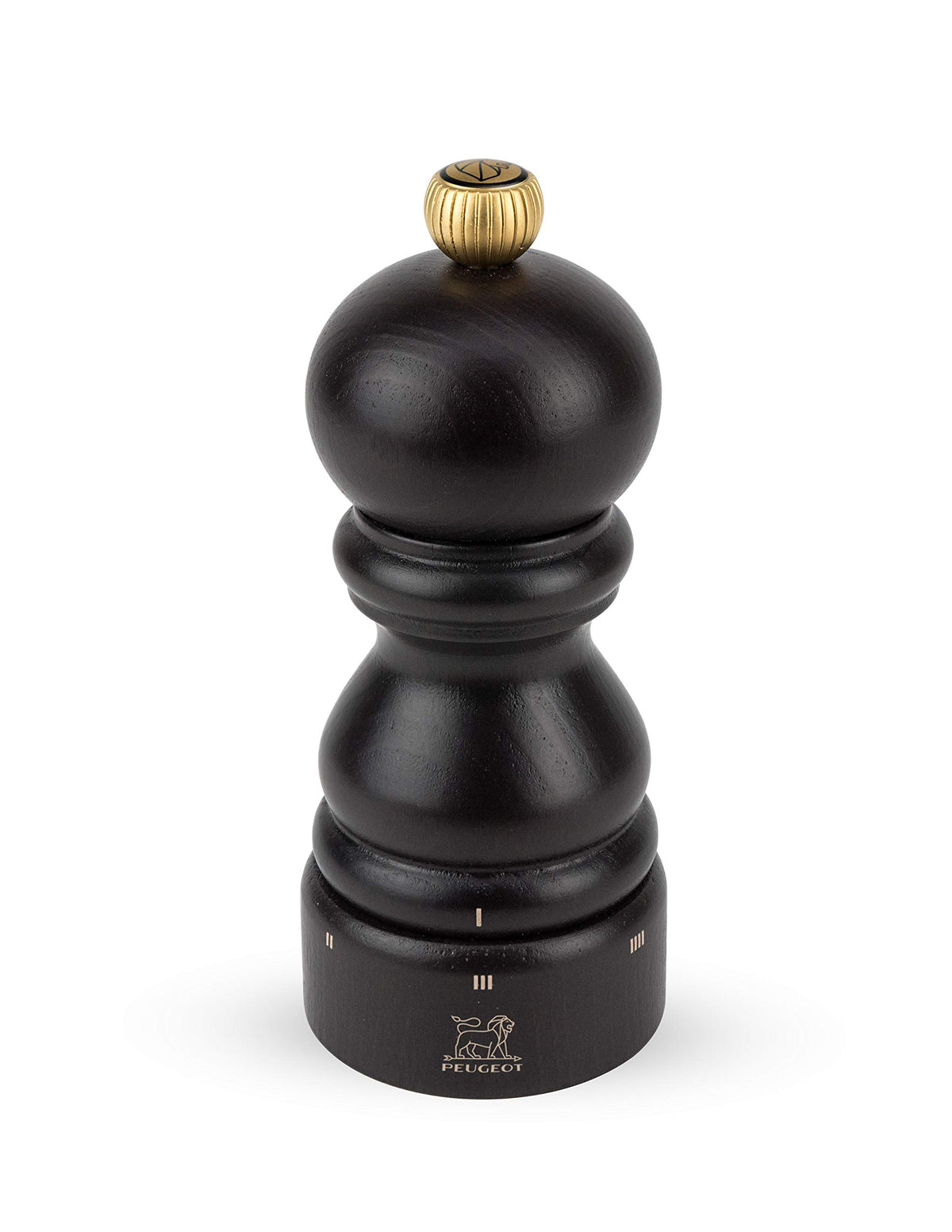 Peugeot Paris u'Select pepper mill in chocolate finish, side view, six precise grind settings.