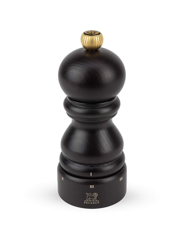 Peugeot Paris u'Select pepper mill in chocolate finish, side view, six precise grind settings.
