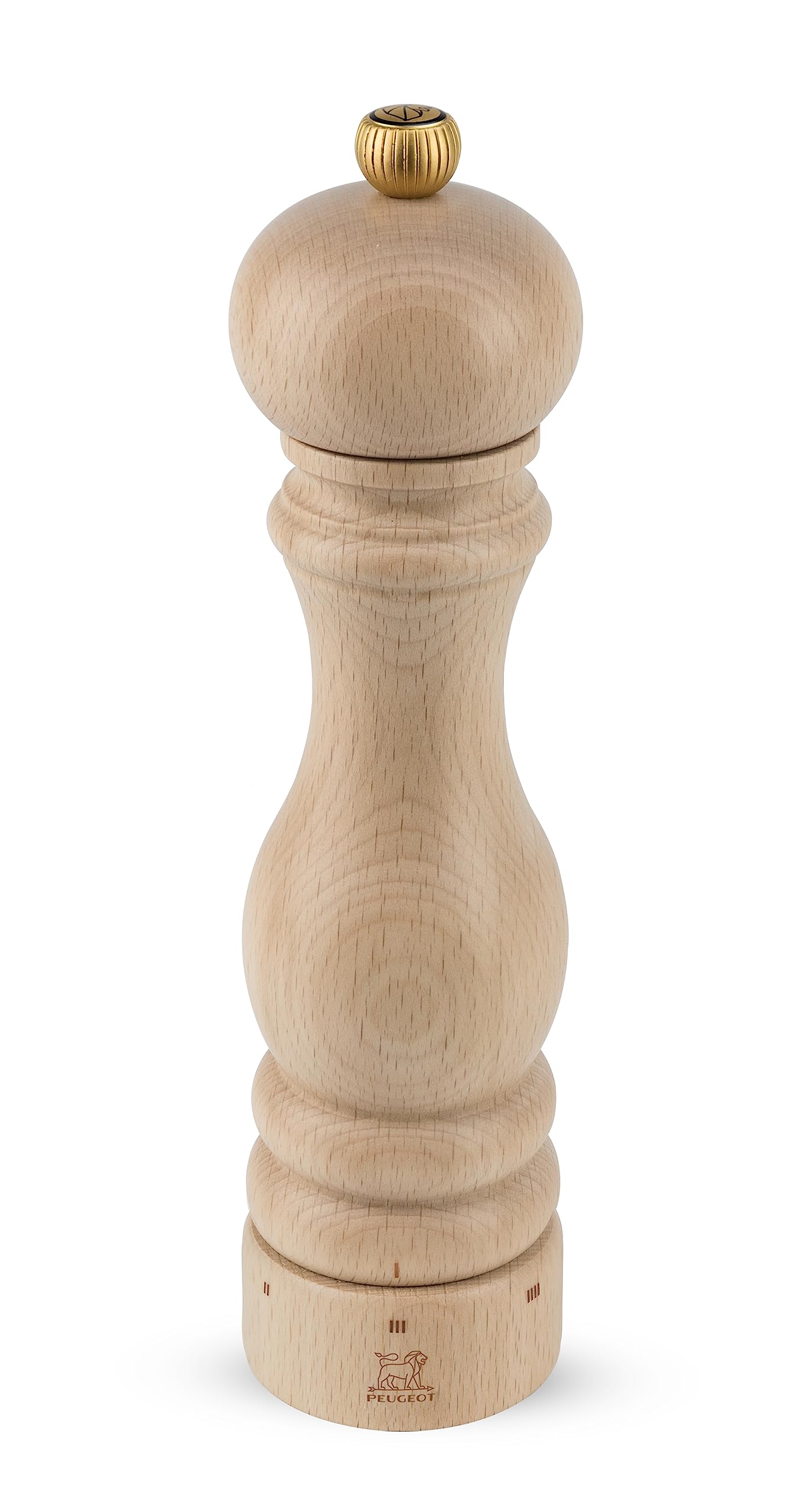 Peugeot Paris u'Select pepper mill in natural beechwood, top view ideal for precise table seasoning.