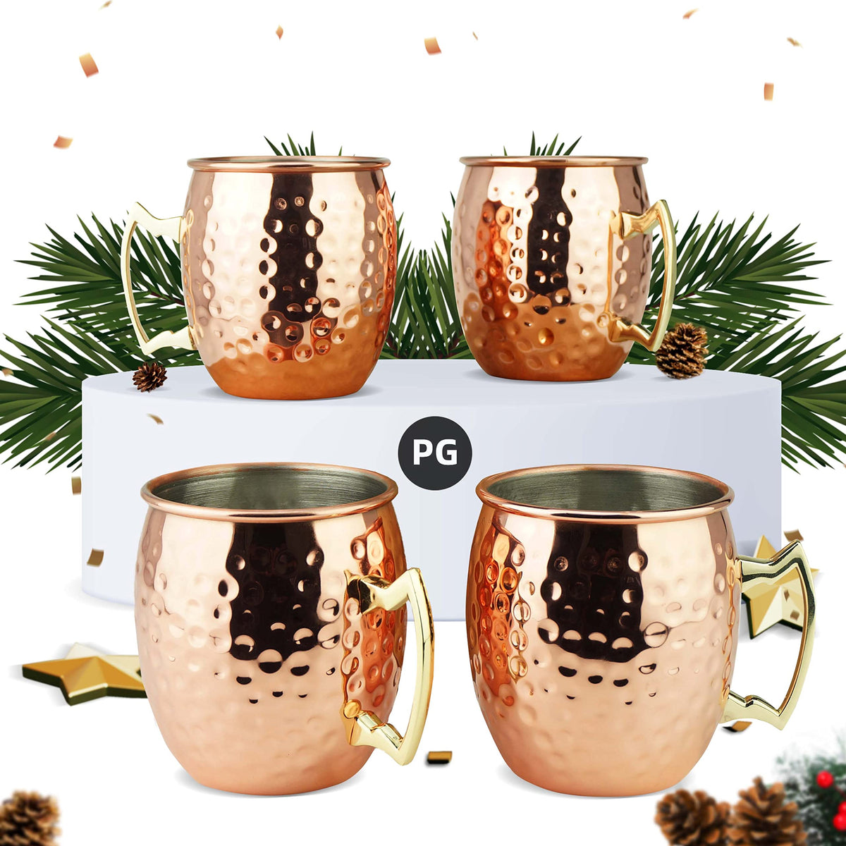 PG Moscow Mule Mugs 19oz hammered cups with generous capacity for cocktails.