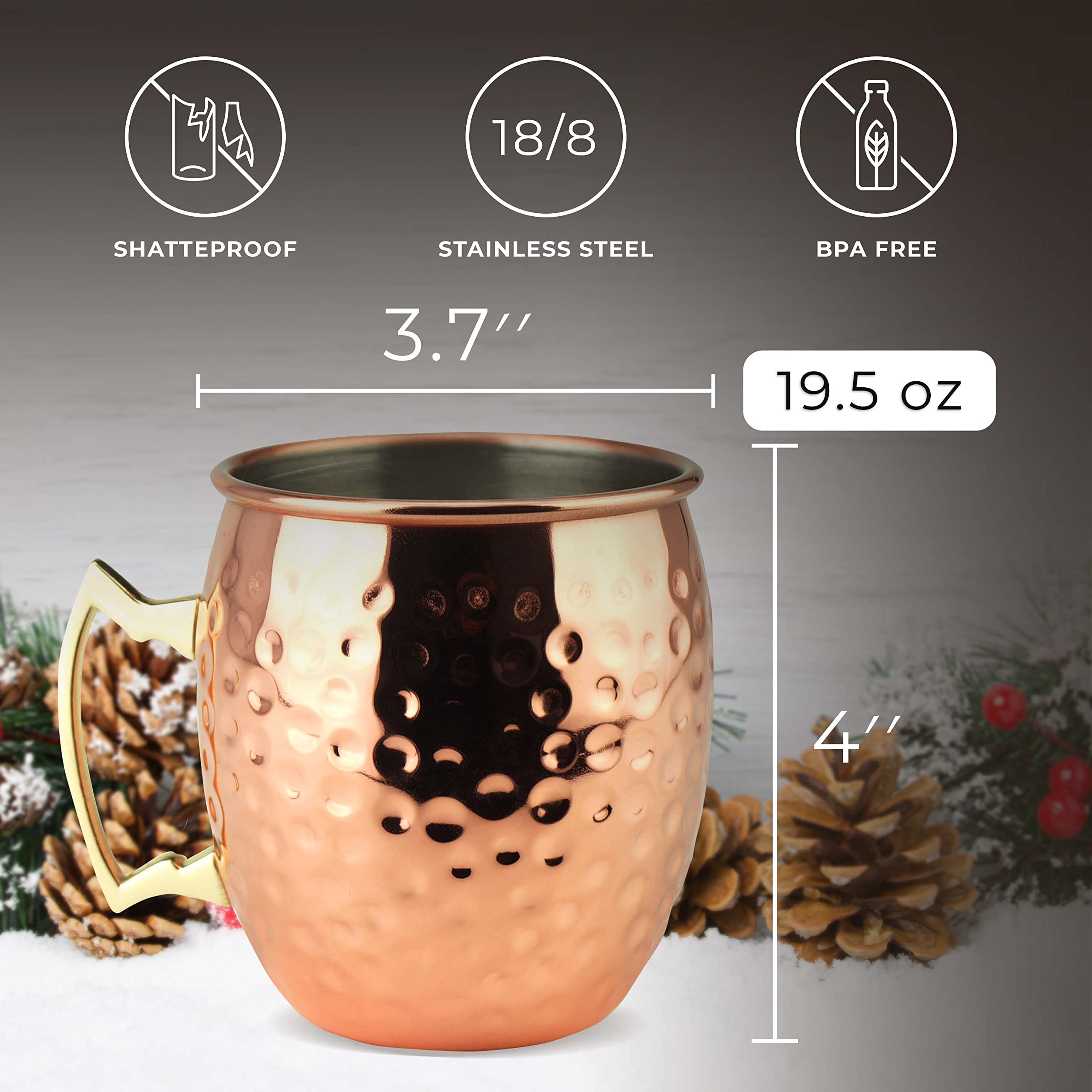 PG Moscow Mule Mugs copper-plated exterior adds a luxurious look to drinks.