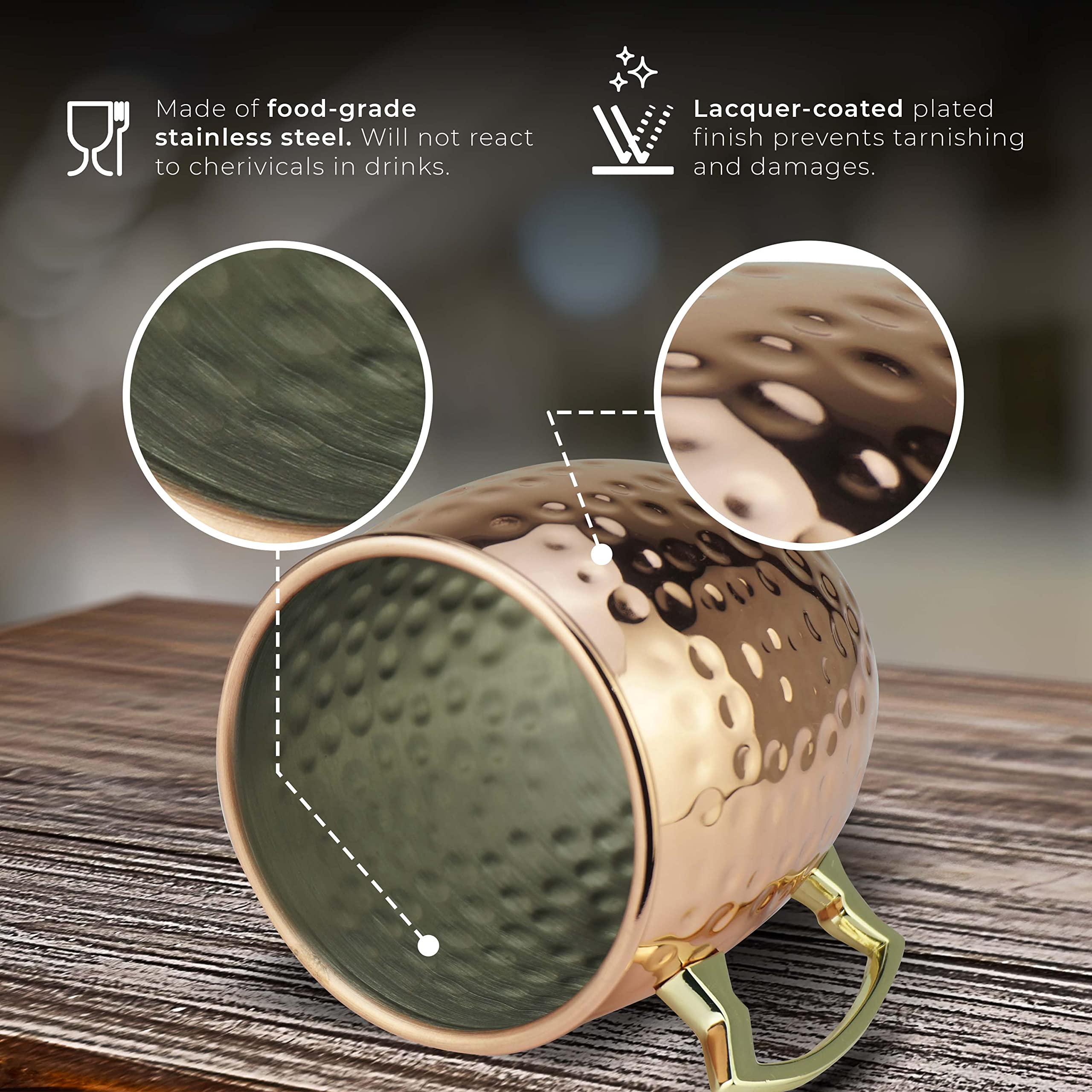 PG Moscow Mule Mugs stainless steel core with copper plating for a premium finish.