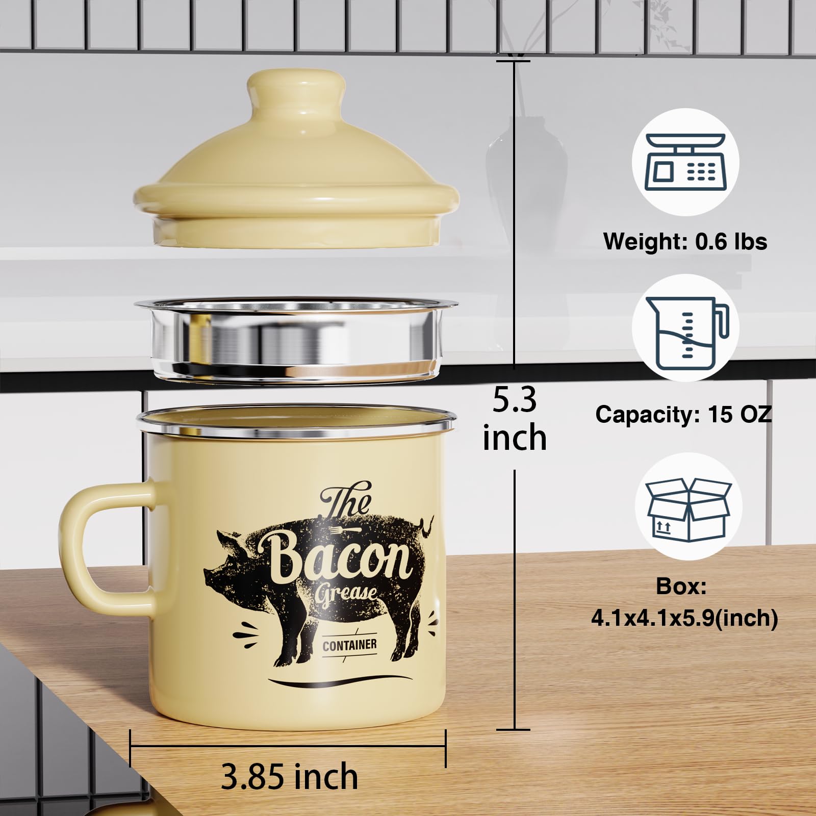 PGYARD enamel grease saver in beige with snug lid to trap odors