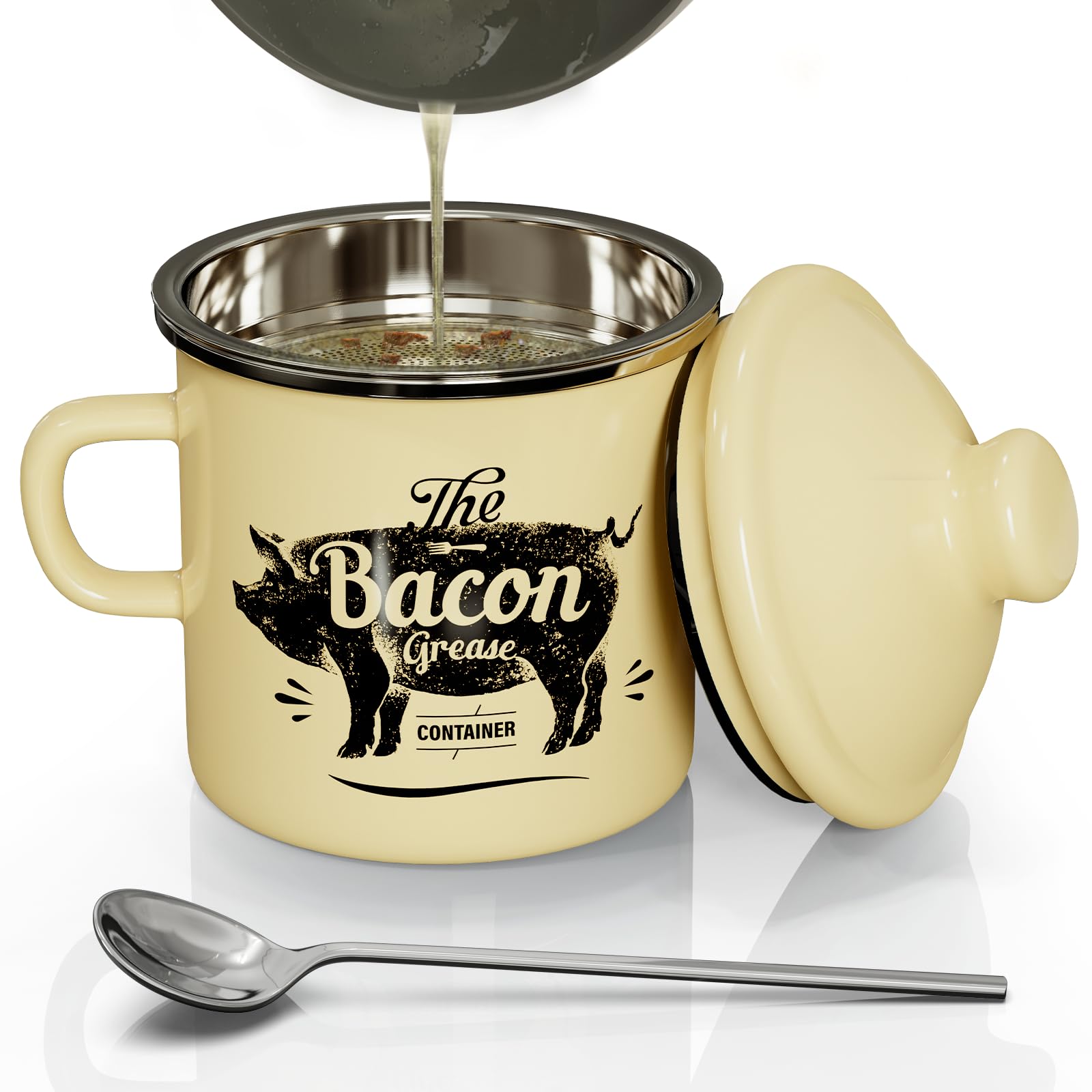 PGYARD mini bacon grease container with strainer for 15oz capacity and easy filtration