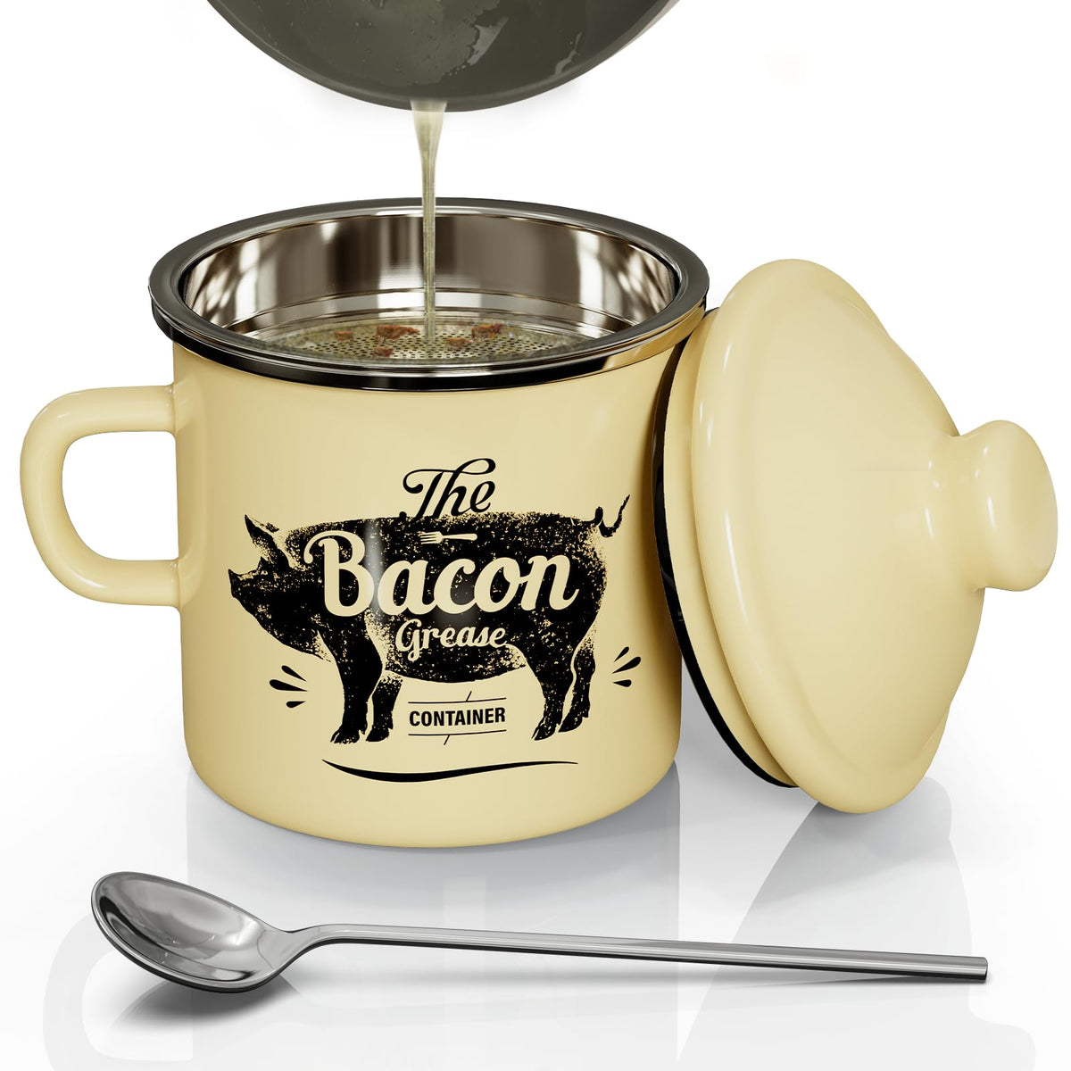 PGYARD mini bacon grease container with strainer for 15oz capacity and easy filtration