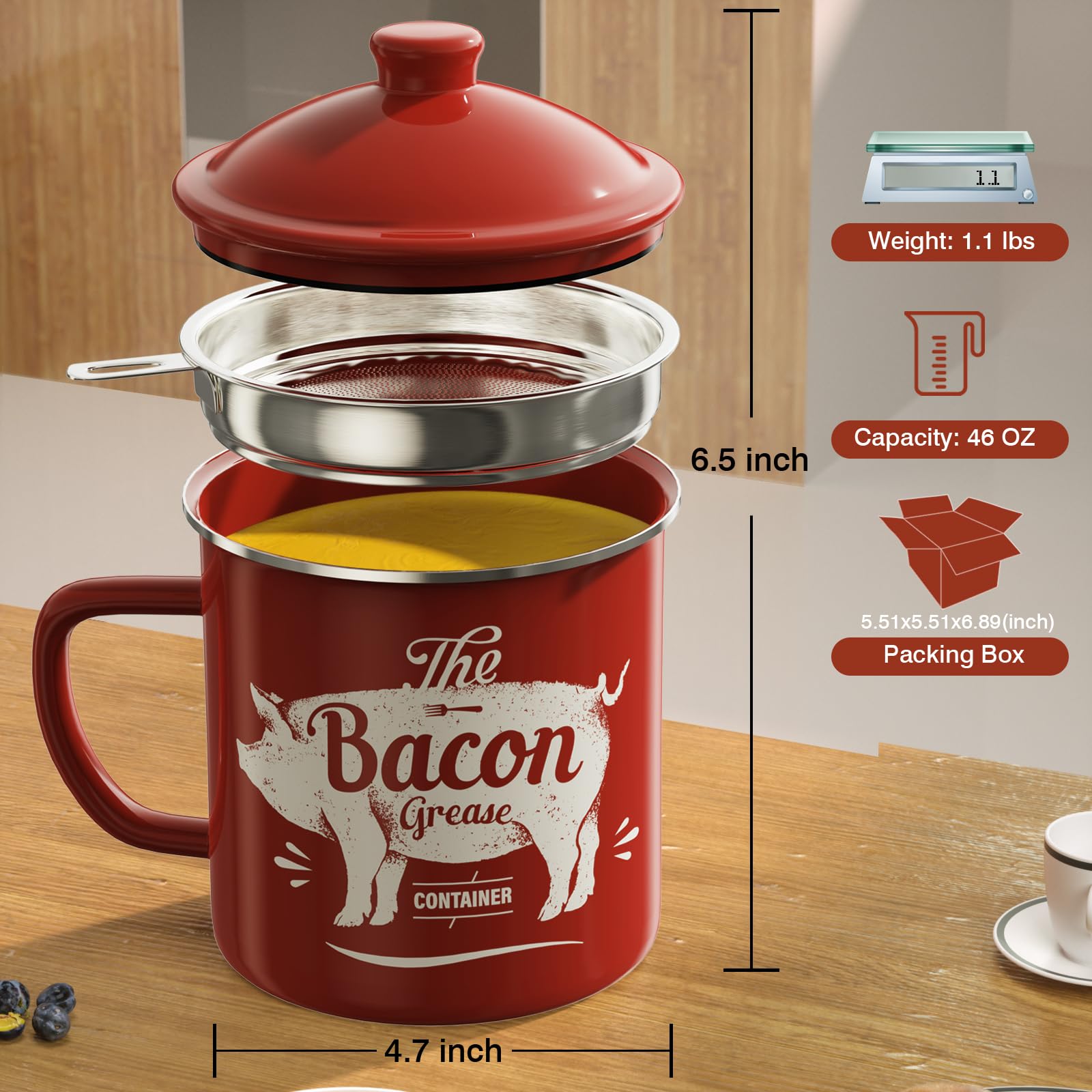 PGYARD 46oz enamel grease keeper highlights large capacity for saving frying oil.