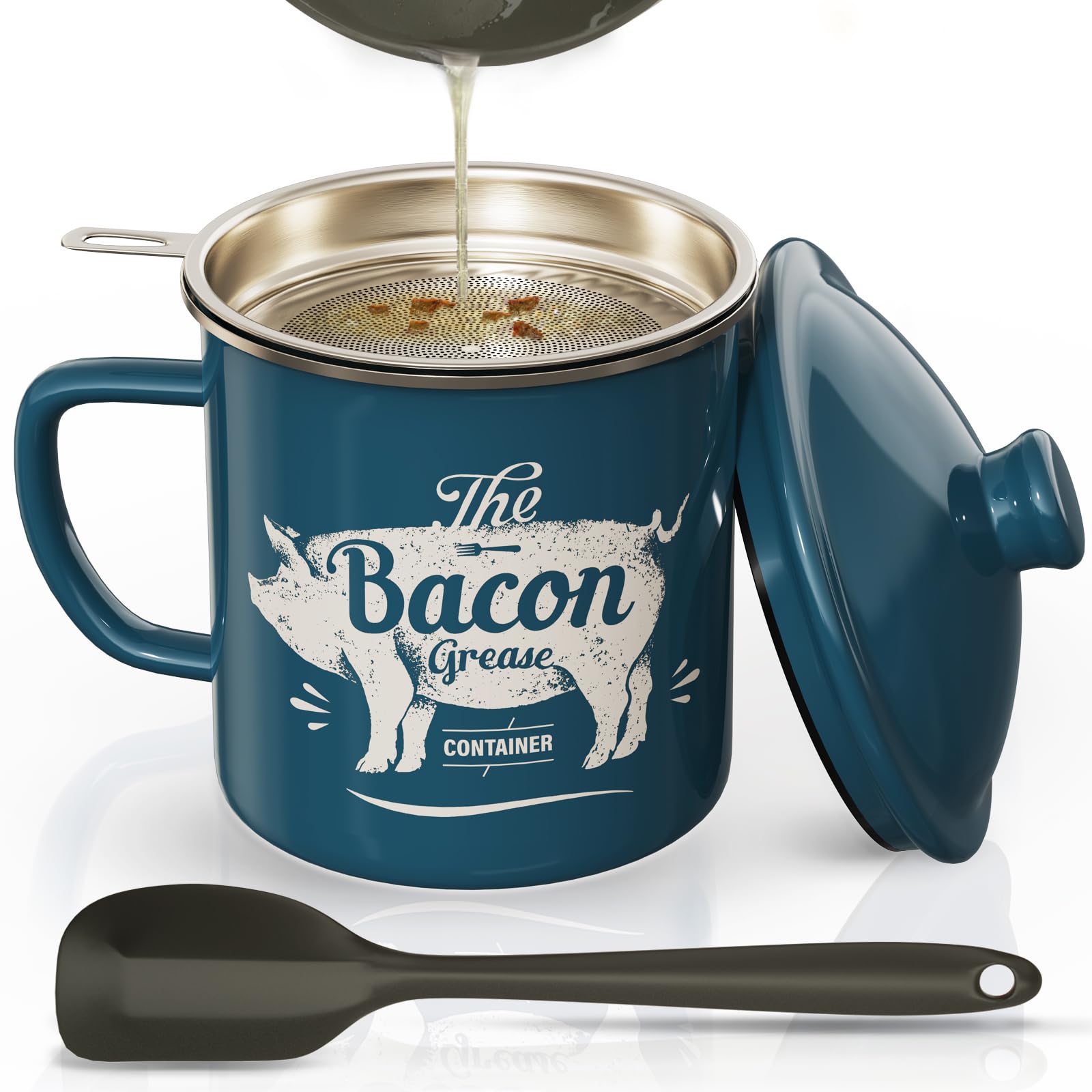 PGYARD bacon grease container with strainer shows 46 oz enamel blue for easy oil storage
