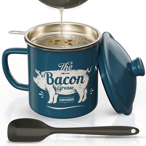PGYARD bacon grease container with strainer shows 46 oz enamel blue for easy oil storage