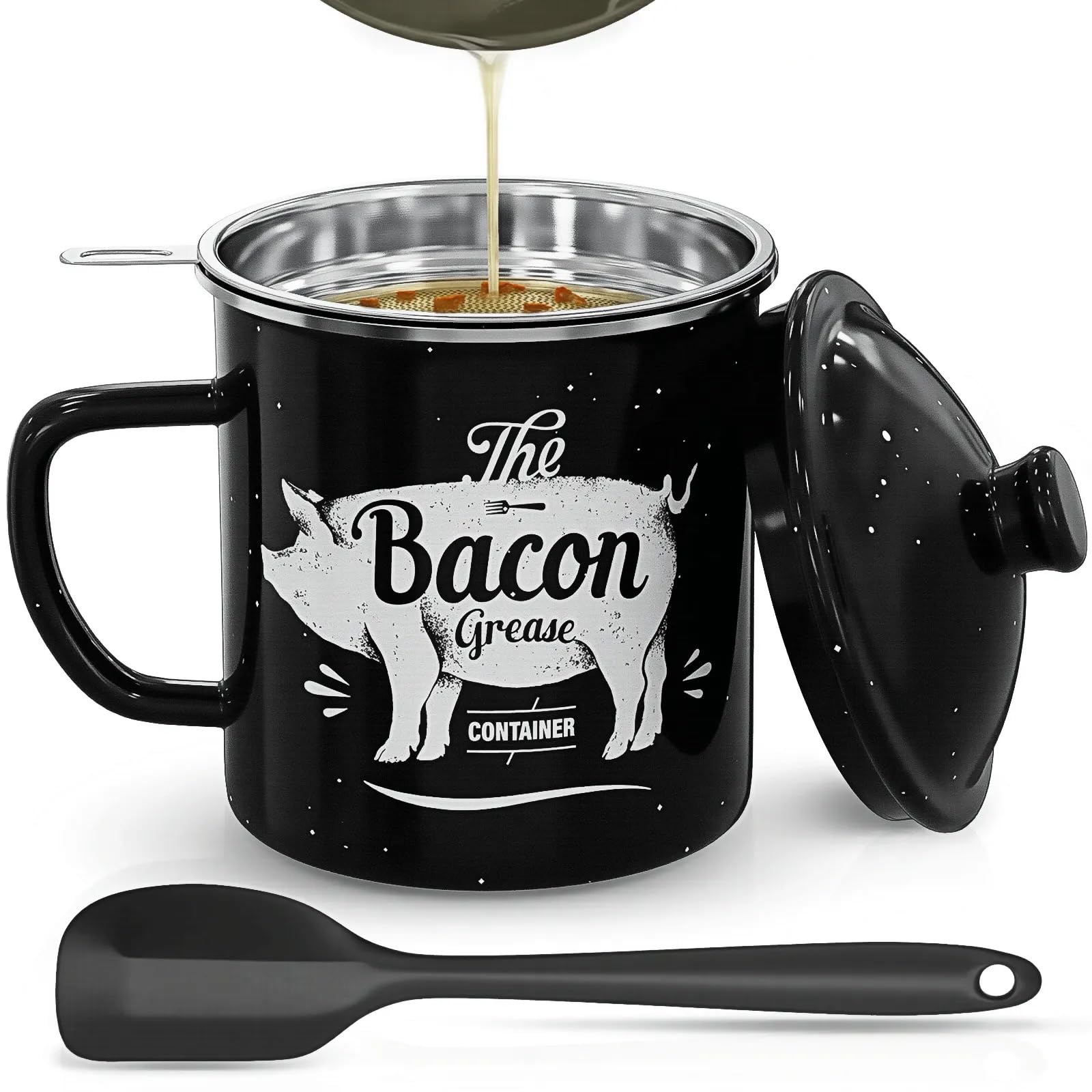 PGYARD bacon grease container with 46 oz capacity for easy filtration and storage.