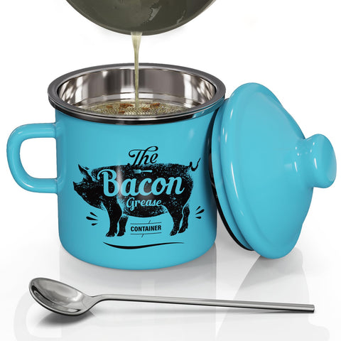 PGYARD bacon grease container with strainer for easy filtration and storage.