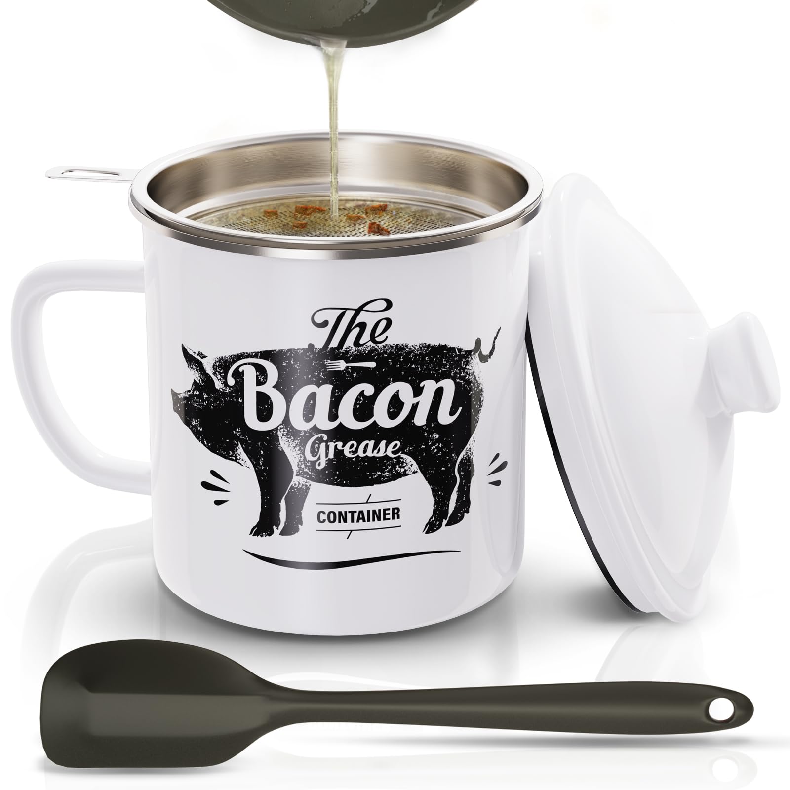 PGYARD bacon grease container with strainer: 46oz capacity for filtering oil after frying.