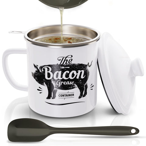 PGYARD bacon grease container with strainer: 46oz capacity for filtering oil after frying.