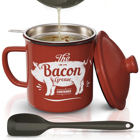 PGYARD bacon grease container with strainer for cleanly filtered oil ready to reuse.