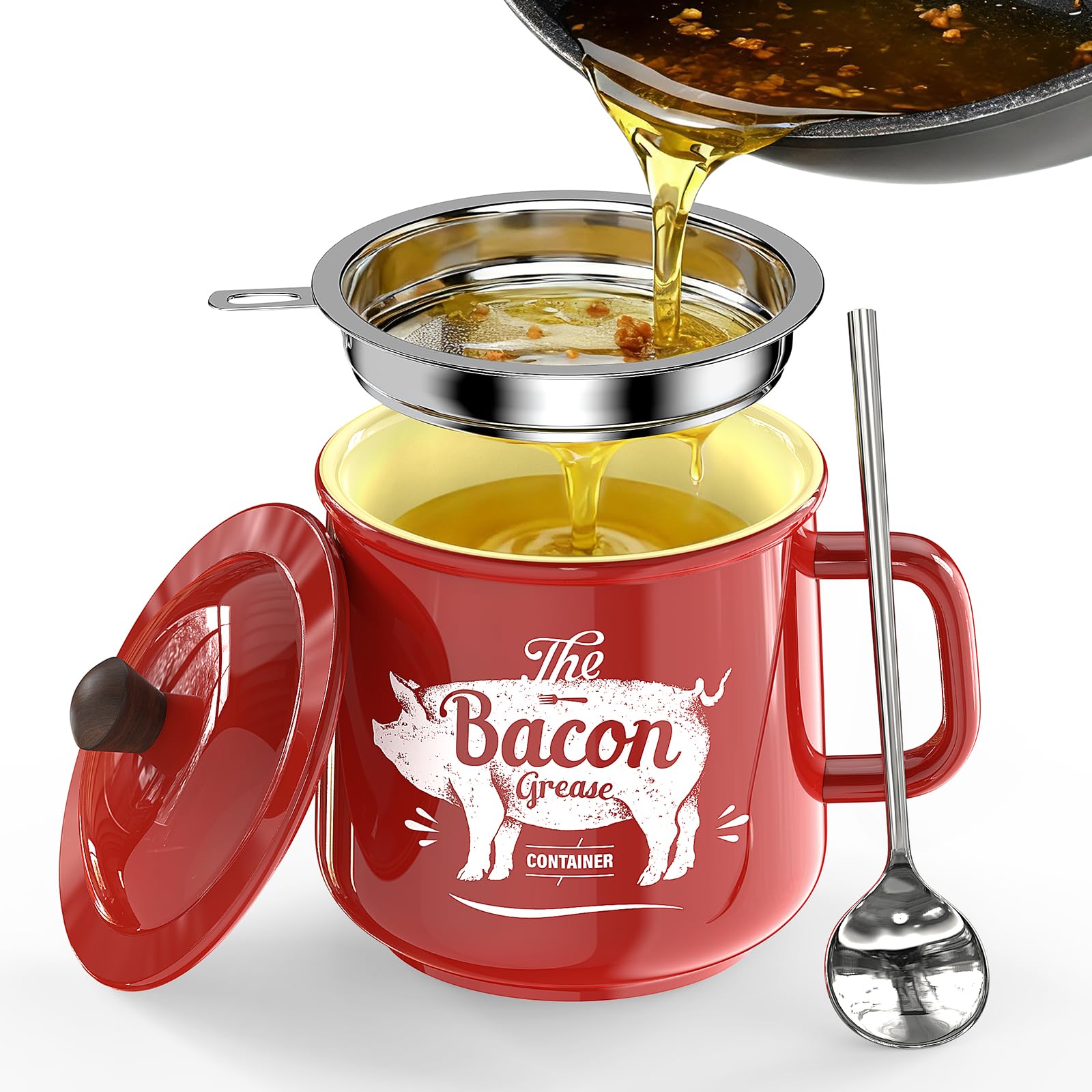 PGYARD ceramic bacon grease saver with strainer for clean, reusable frying oil.
