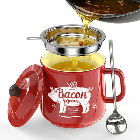PGYARD ceramic bacon grease saver with strainer for clean, reusable frying oil.