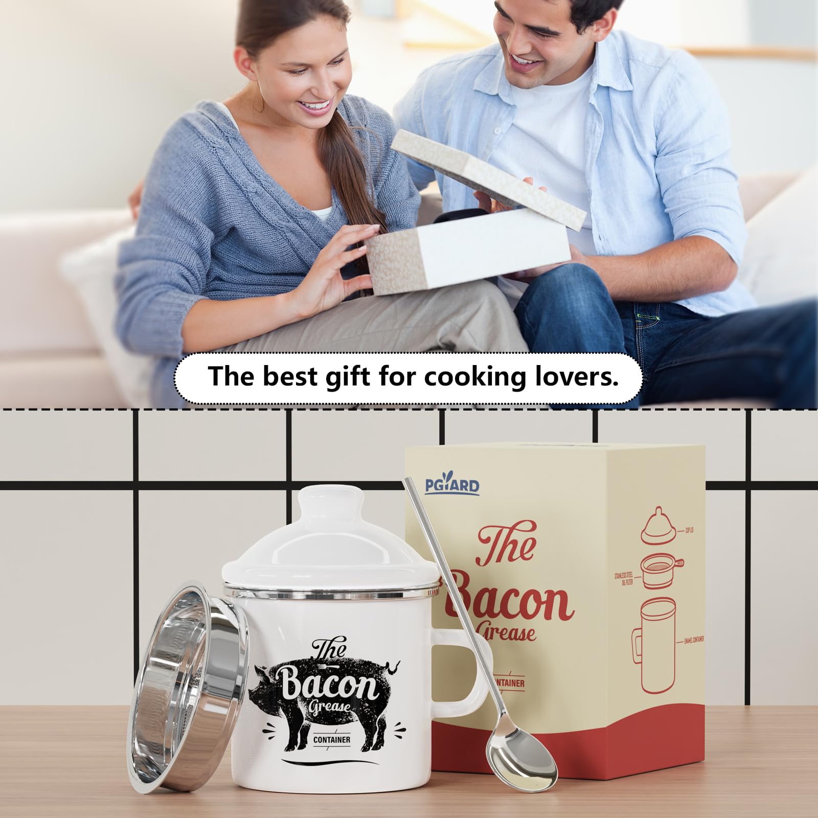 Removable strainer simplifies reuse and filtration of cooking oil.