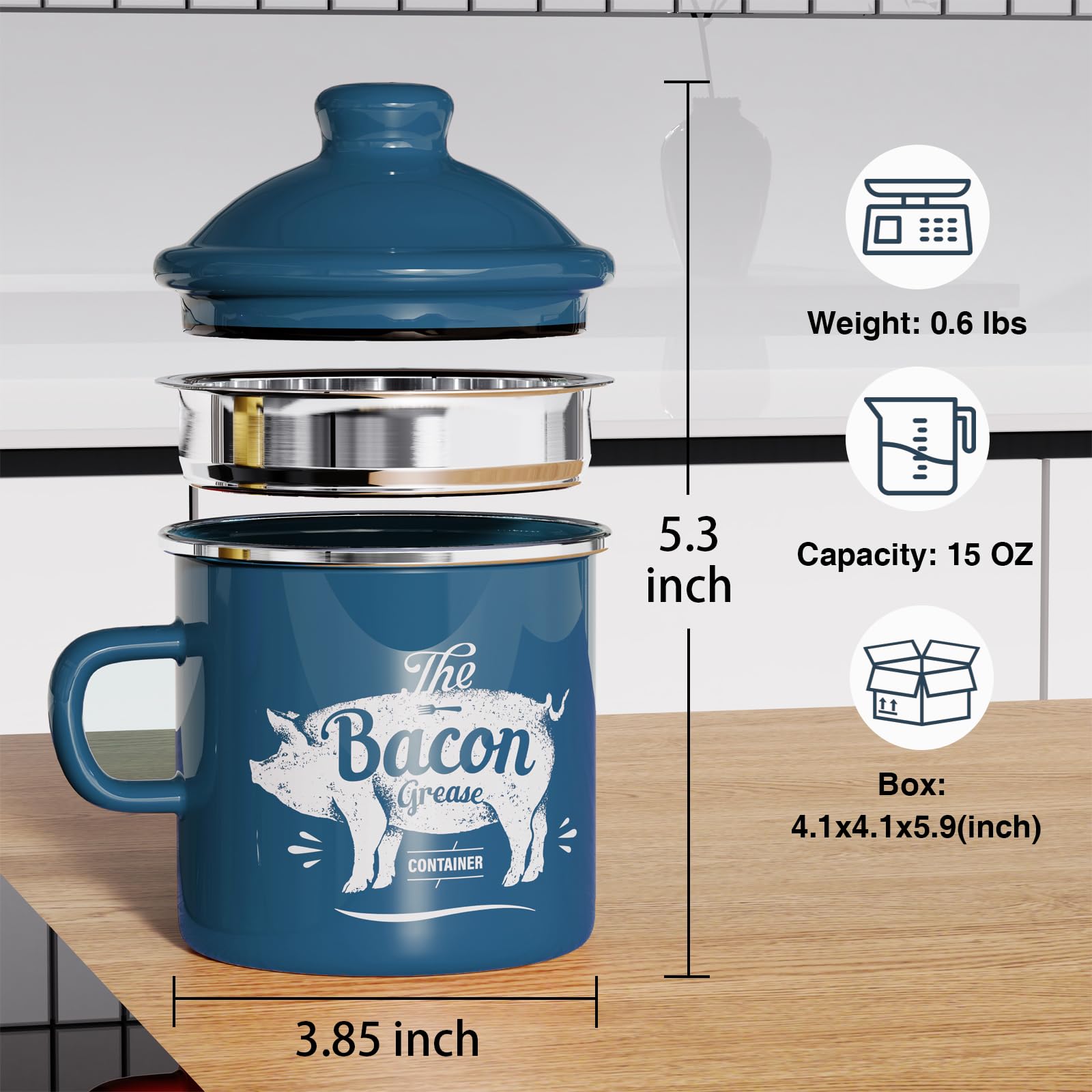 PGYARD enamel bacon grease keeper with dust-sealing lid keeps odors contained