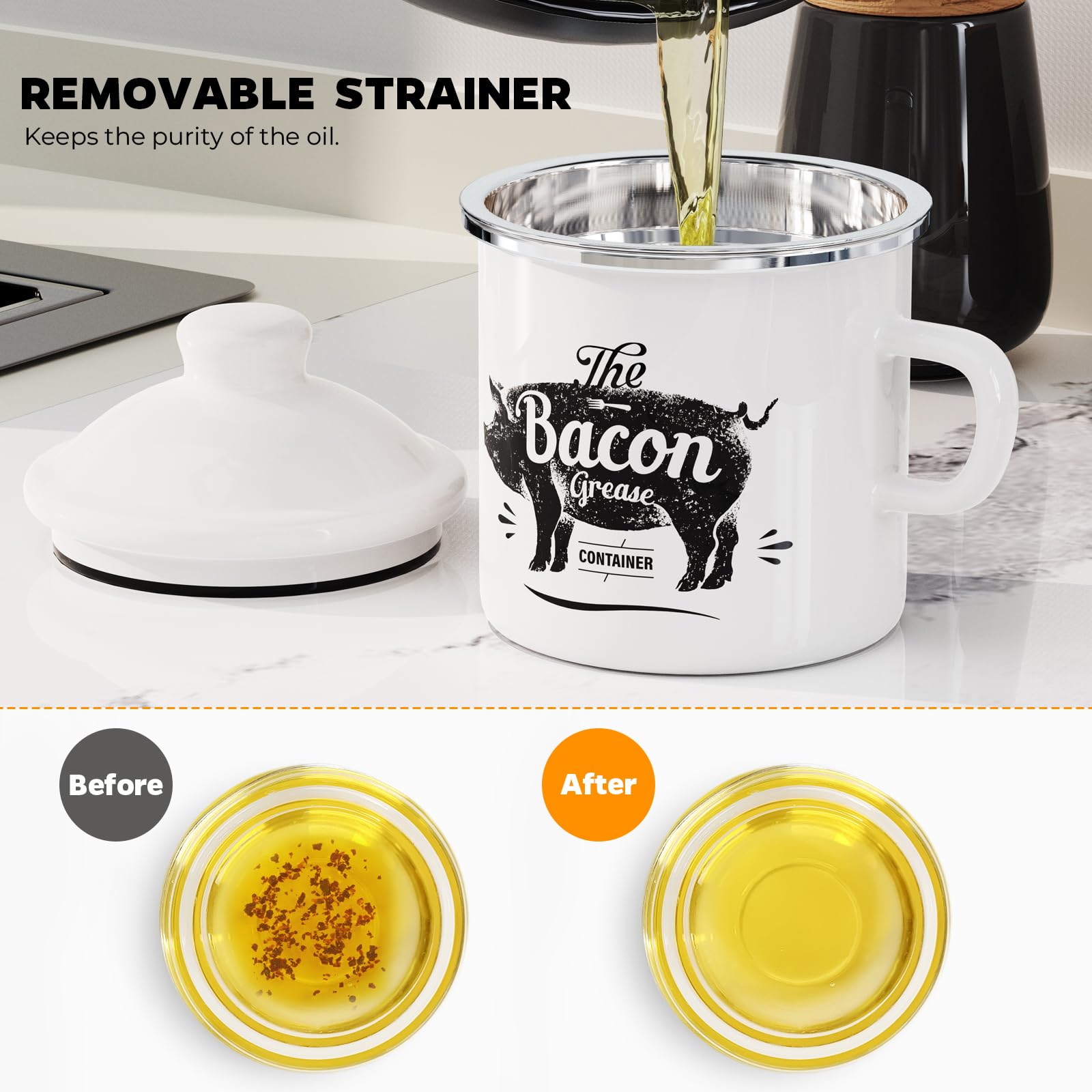 Dishwasher-safe enamel grease container for quick cleanup after use.