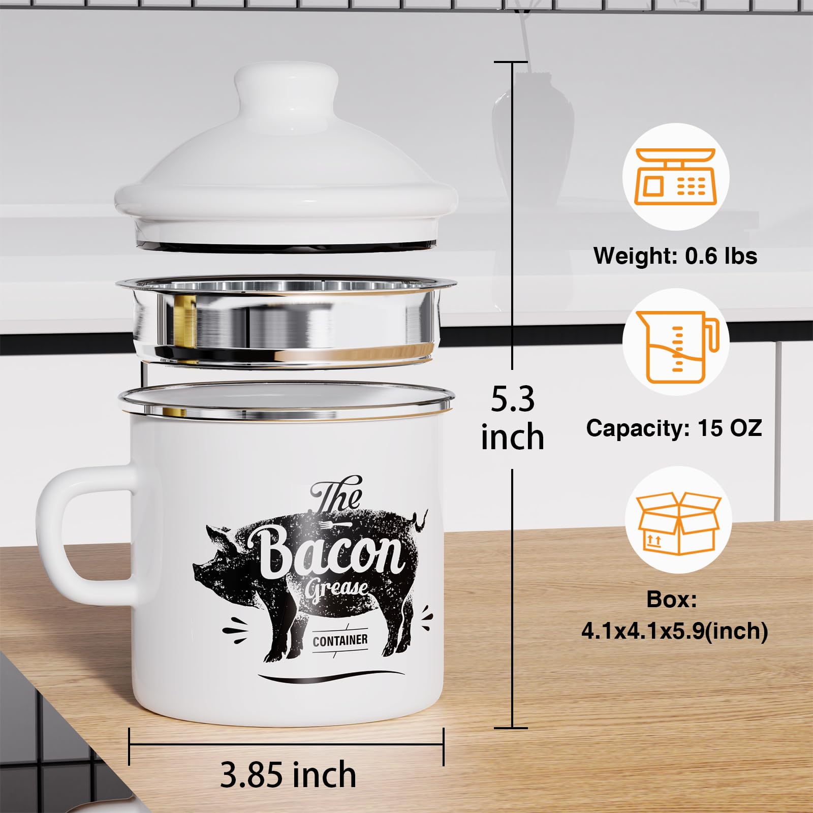 Dustproof lid on enamel grease saver preserves bacon fat longer.