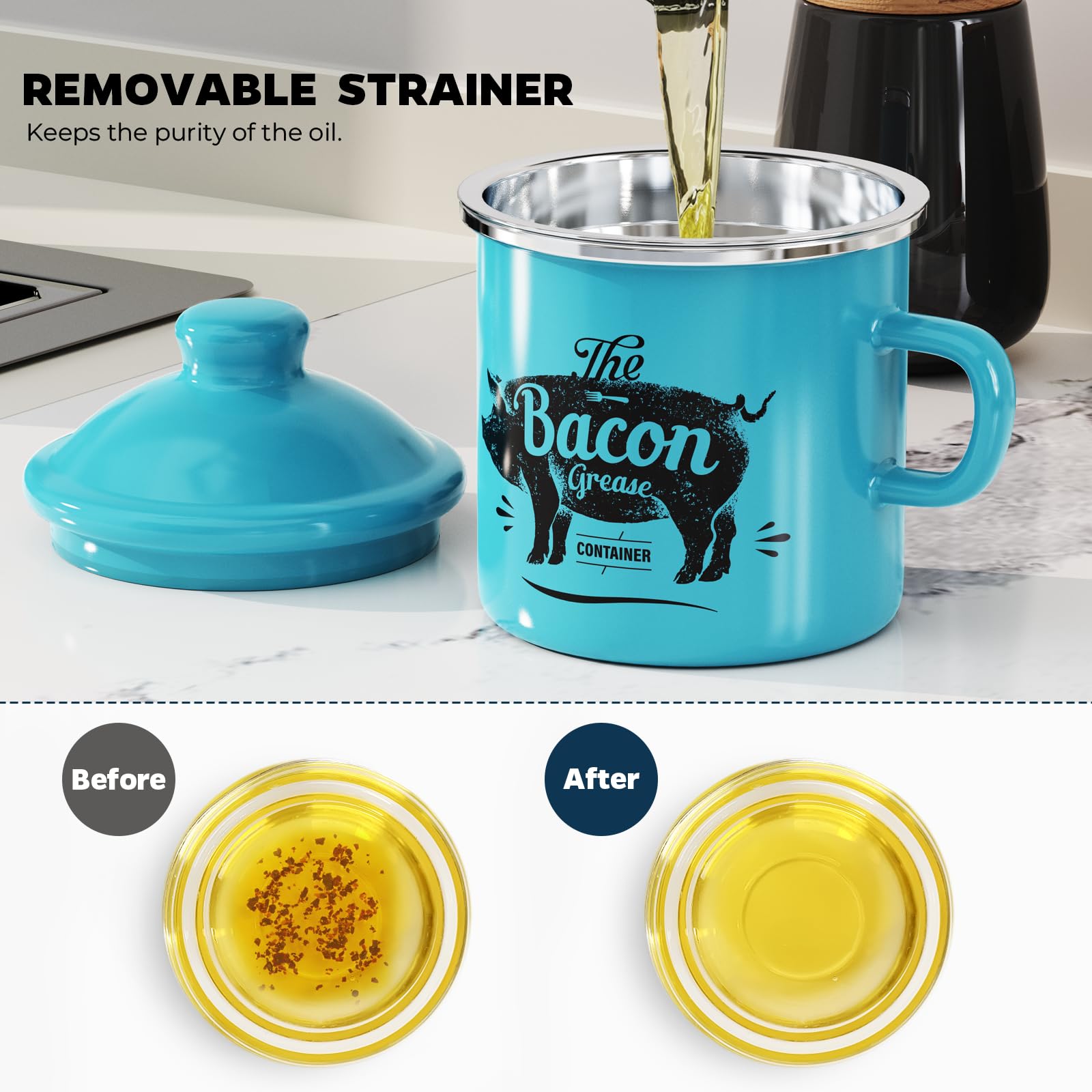 PGYARD grease container with spoon for scraping, stirring, and transferring fat.
