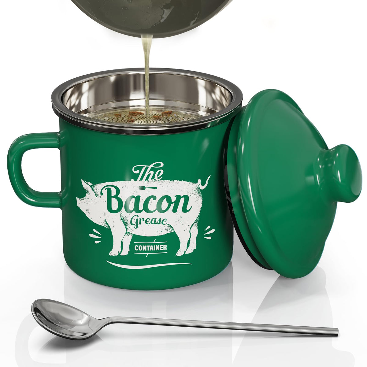 PGYARD mini bacon grease container with enamel green finish stores grease safely for later use.