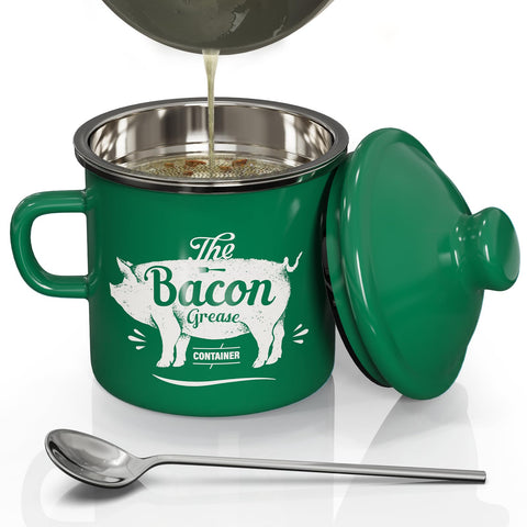 PGYARD mini bacon grease container with enamel green finish stores grease safely for later use.
