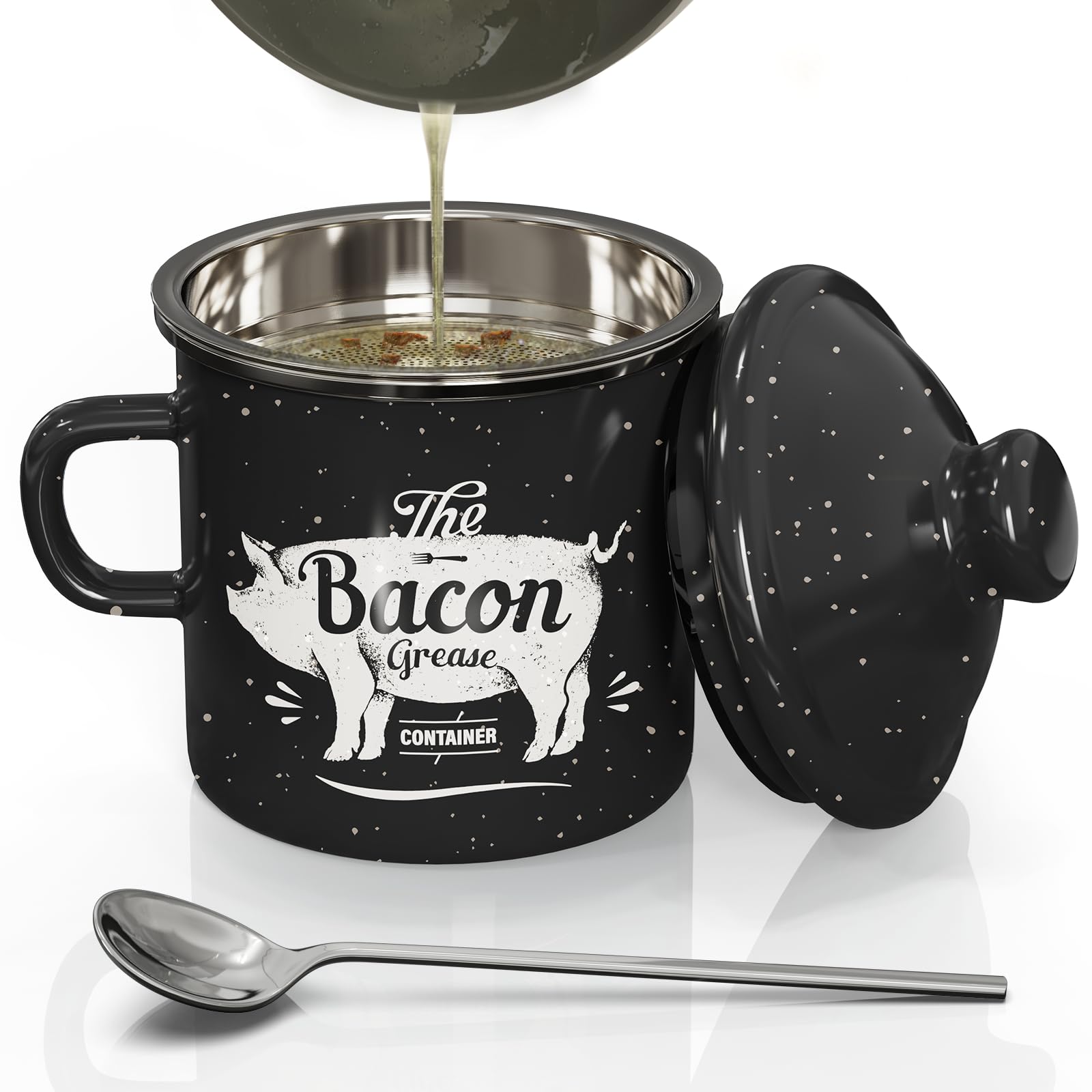 PGYARD mini bacon grease container with enamel finish for odor-free storage.