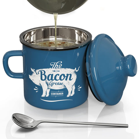 PGYARD mini bacon grease container with strainer in blue for easy filtration of frying oil