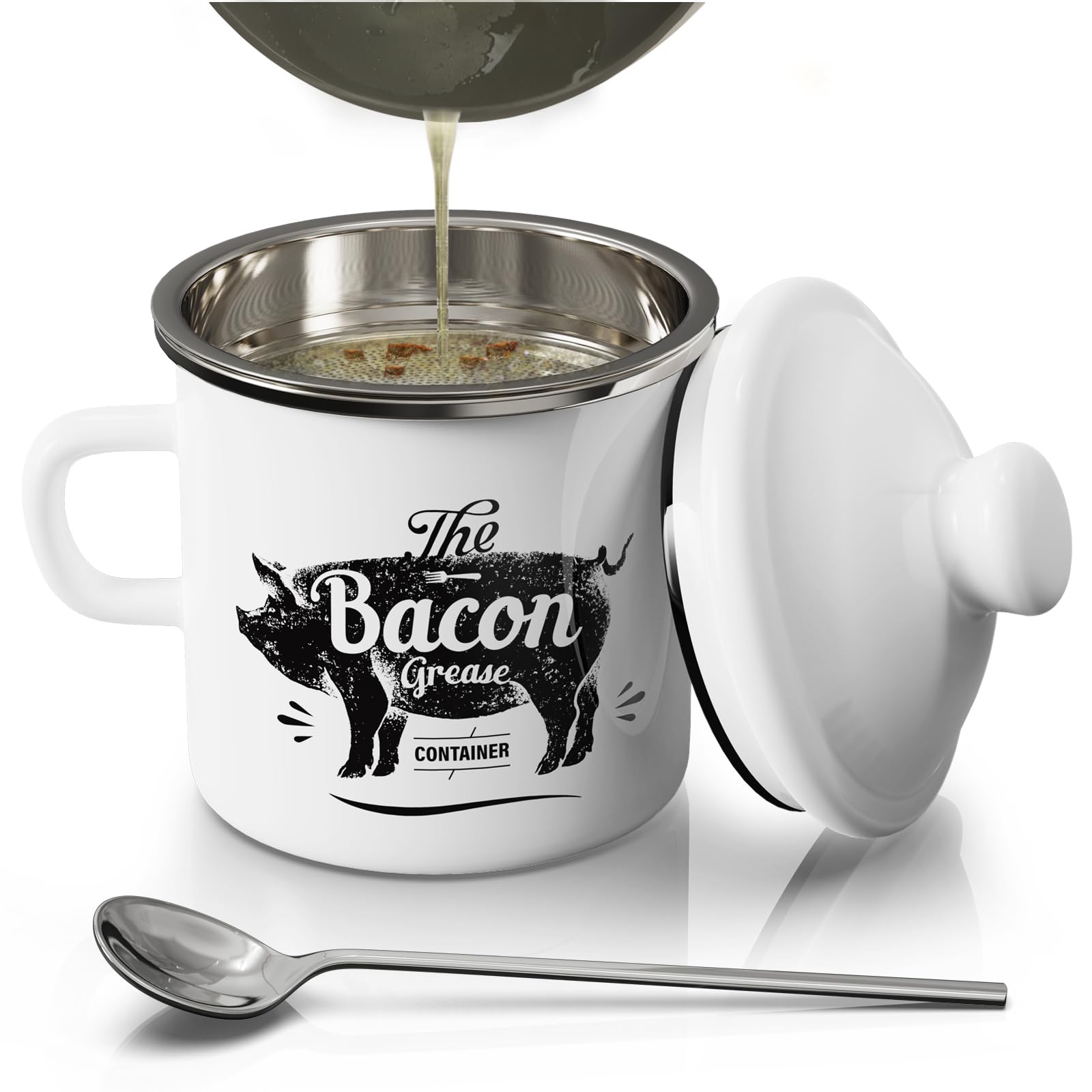 PGYARD mini bacon grease container with strainer for easy filtration during frying.